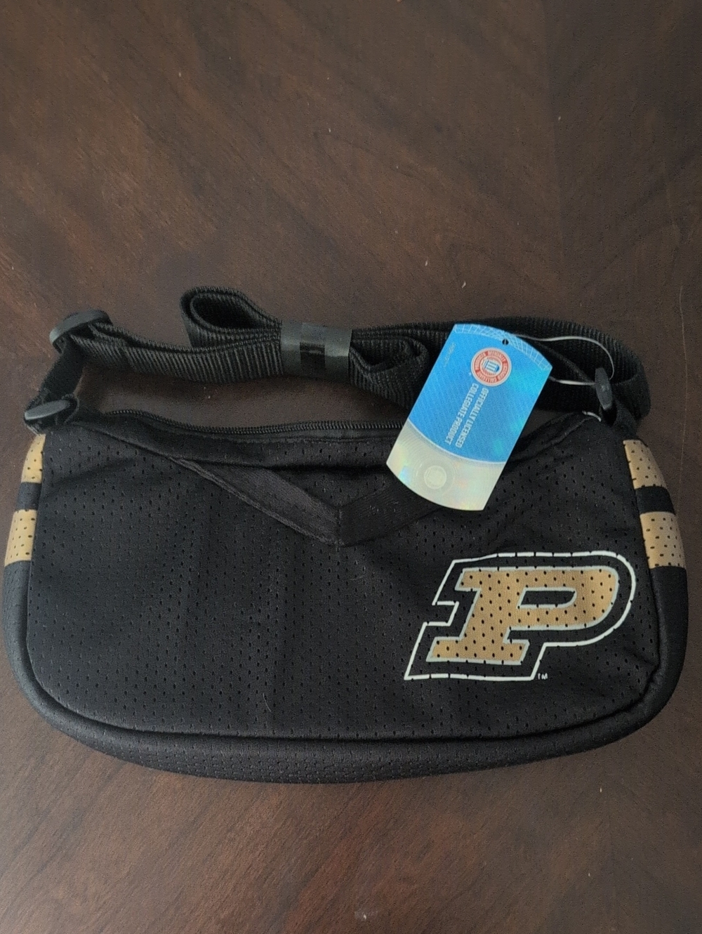 Purdue Black Crossbody Bag with Gold 'P' Logo